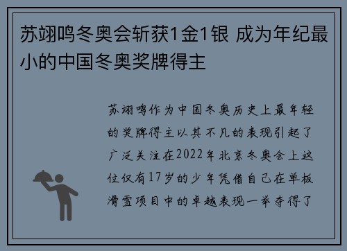 苏翊鸣冬奥会斩获1金1银 成为年纪最小的中国冬奥奖牌得主 苏翊鸣冬奥会斩获1金1银 成为年纪最小的中国冬奥奖牌得主