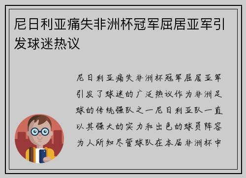 尼日利亚痛失非洲杯冠军屈居亚军引发球迷热议 尼日利亚痛失非洲杯冠军屈居亚军引发球迷热议