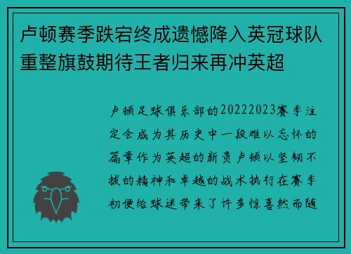 卢顿赛季跌宕终成遗憾降入英冠球队重整旗鼓期待王者归来再冲英超
