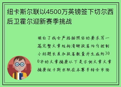 纽卡斯尔联以4500万英镑签下切尔西后卫霍尔迎新赛季挑战